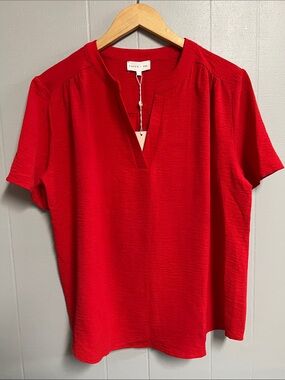 NWT entro Bright Red V-Neck Tunic Top Shirt Blouse Large